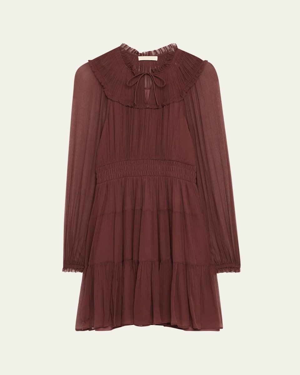 Ava Long-Sleeve Tiered Silk Mini Dress